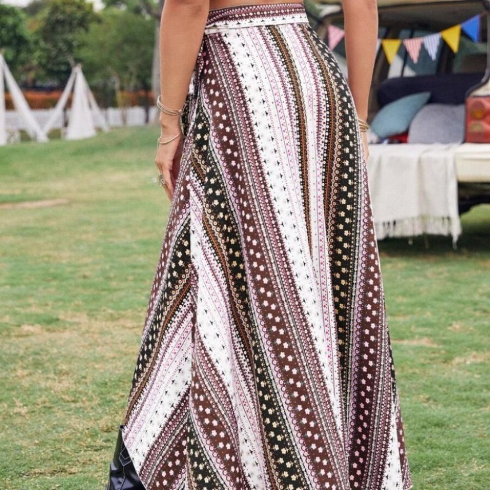 Tribal Boho Ditsy Floral Print Knot Side Wrap Skirt Brown - Picture 5 of 5